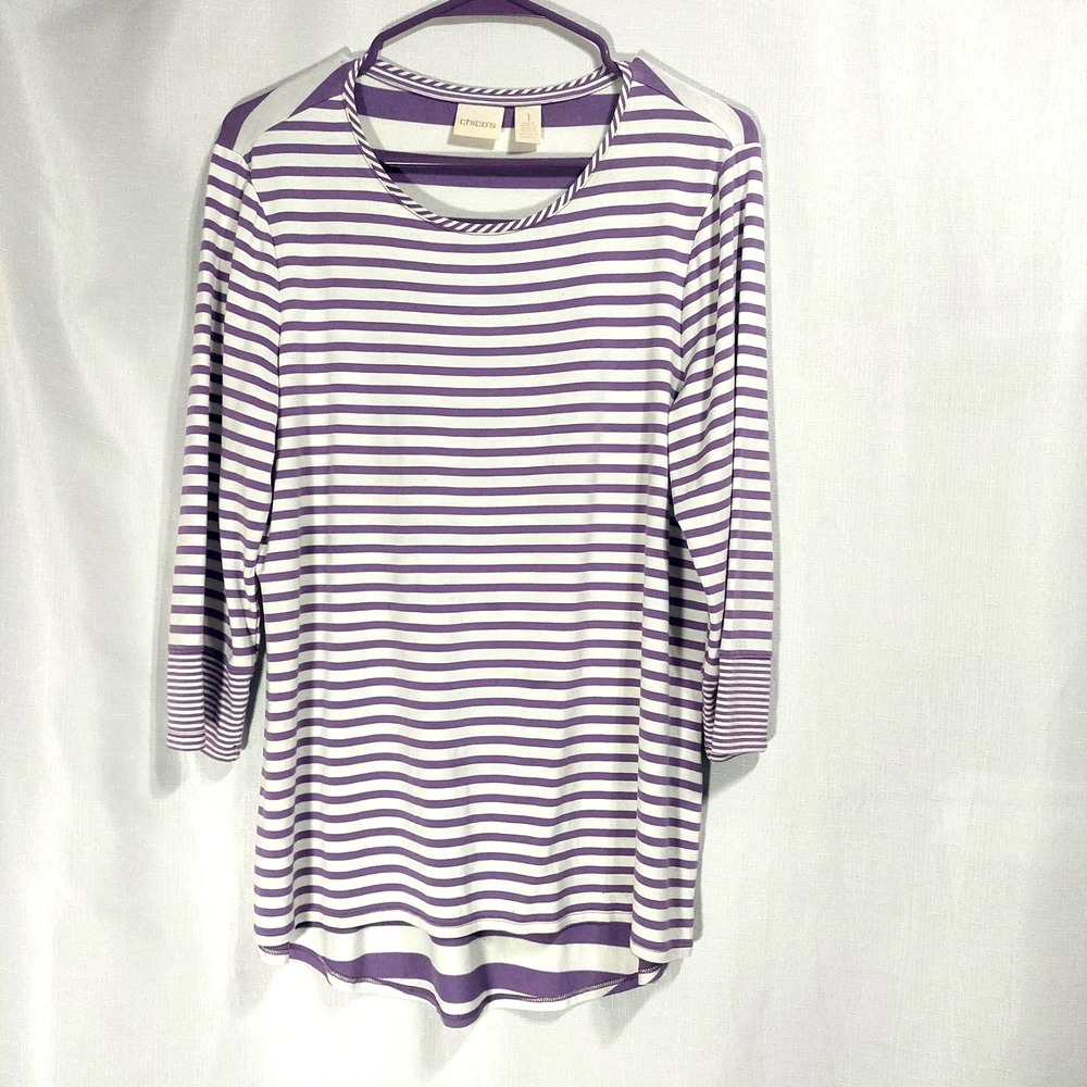 Chico's Womans 1 (Small) Tunic Tee Mixed Stripe High-Low Hem Knit Purple White